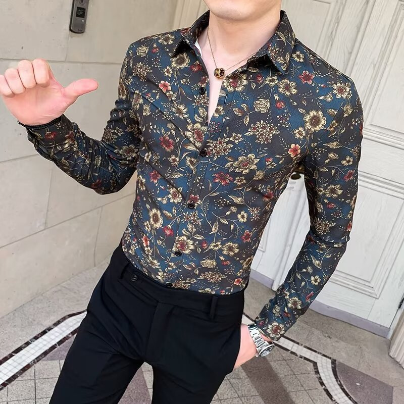 Live explosion fashion business casual gold velvet stretch anti-wrinkle men's flower shirt long sleeve shirt shirt
