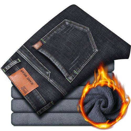 New Tang Denim Winter Fleece-Lined, Thickened Men's Straight-Style Stretchy, Warm Cotton Business-Style Men's Denim Long Pants with High Elasticity