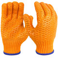 蓝色锁边7针单层橙色渔网纹PVC硅胶印刷耐磨劳保防滑工业手套防护