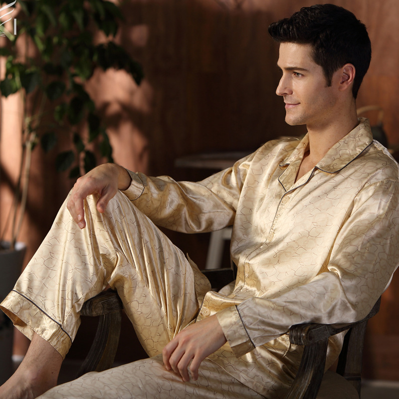 Spring and Autumn Silk-like Men's Long-sleeved Silk Home Clothes Middle-aged and Elderly Suit Thin Ice Silk Plus Large Size Pajamas