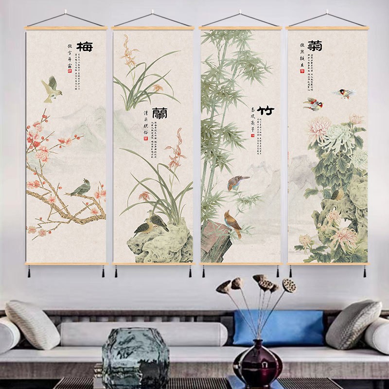 梅兰竹菊新中式挂画布艺装饰画茶室玄关客厅书房间墙画壁包邮批发