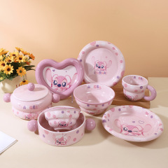 アンジー陶磁器食器皿セット高颜値飯碗少女家庭用ハンドル碗漫画円盤泡碗