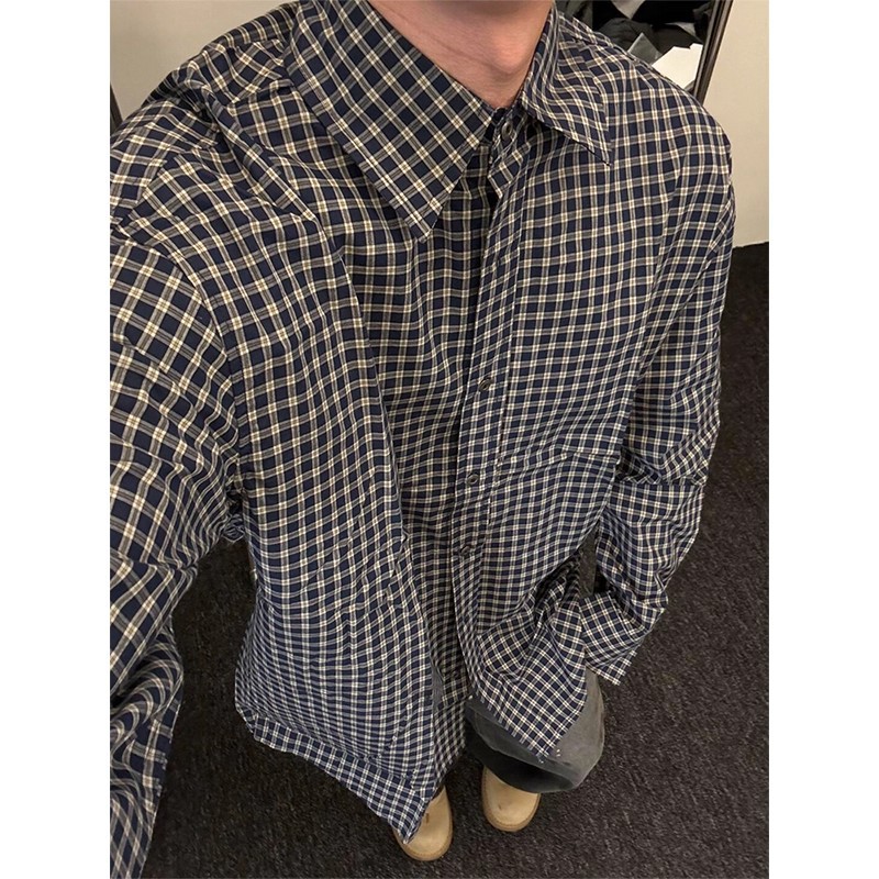 Vintage Black and White Plaid Lapel Shirt Men's Long-Sleeved Layered Shirt Plaid Casual Jacket Summer Breathable