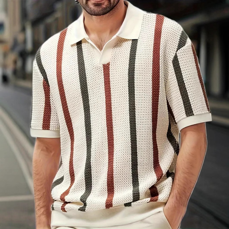 European and American Cross-Border Men's Summer Short-Sleeved T-Shirt, Simple Designer Style Geometric Color-Blocked Striped Lapel Knit Shirt Top European and American Cross-Border Men's Summer Short-Sleeved T-Shirt, Simple Designer Style Geometric Color-Blocked Striped Lapel Knit Shirt Top