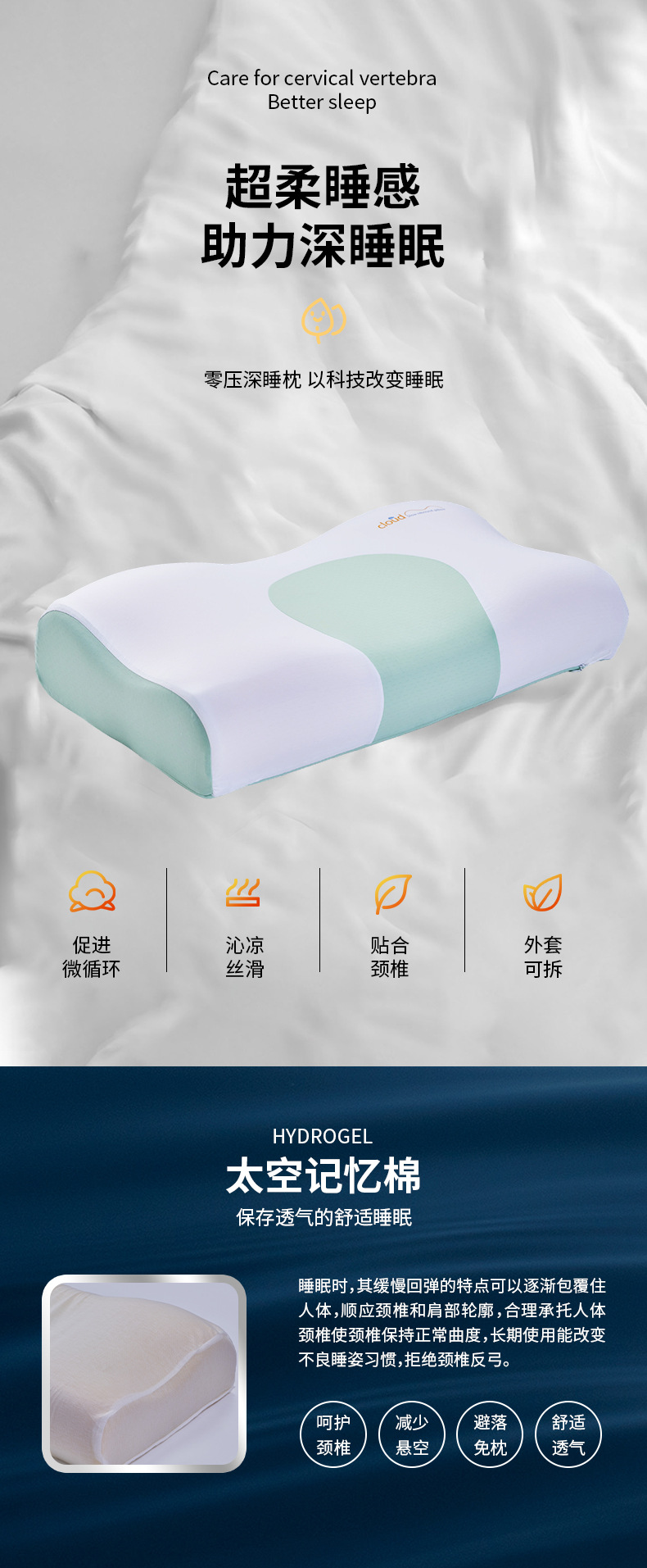 Yunshu neues Modell Nulldruck-Wellen-Gedächtnis-Nackenstützenkissen mit viskoelastischem Memory-Foam-Kern, komfortables Nackenunterstützungskissen