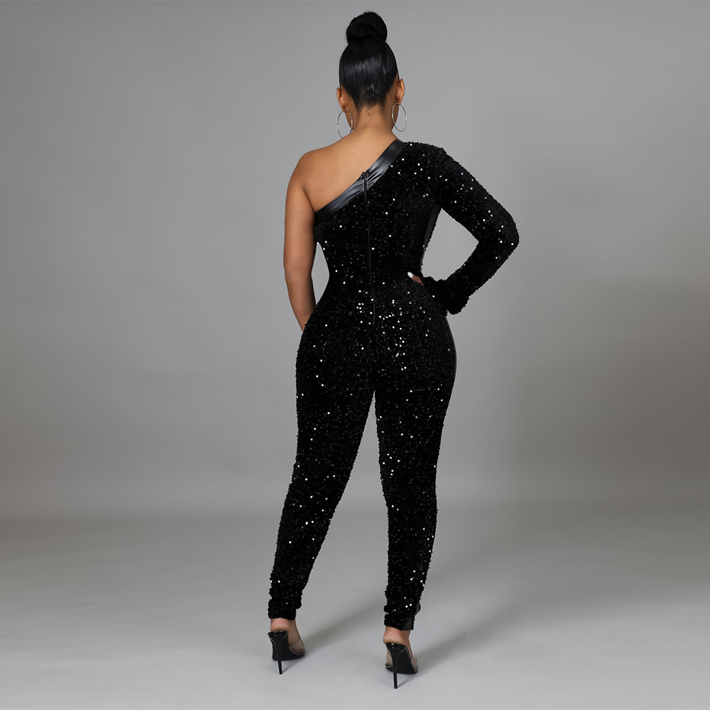 Oblique Shoulder Sequins Pu Stitching Slim Jumpsuit NSCYF112177