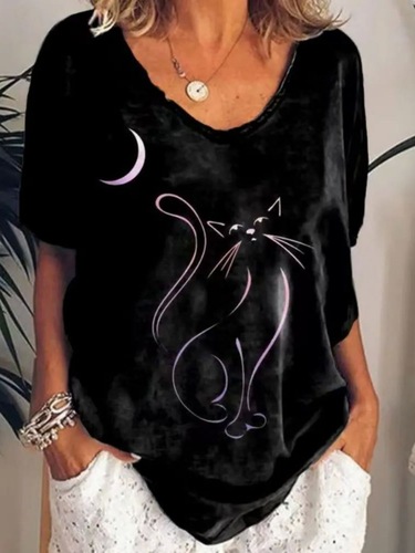 V-neck casual loose print T-shirt for women