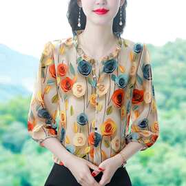 时尚桑蚕丝衬衫女中年上衣2026夏新款女士印花气质显瘦衬衣七分袖