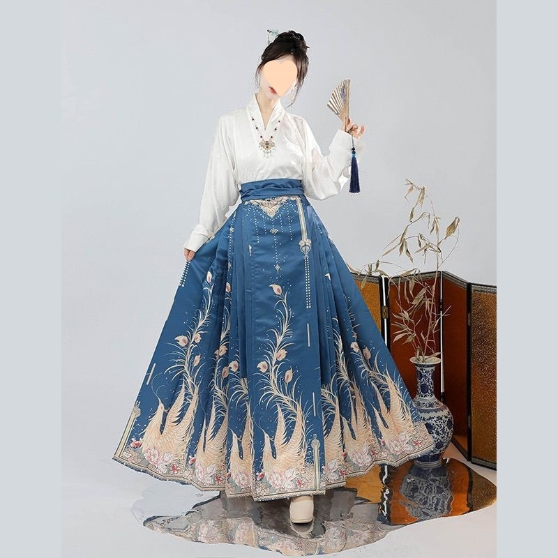 블루 투피스 세트 (말 스커트 + 크로스 칼라 탑)