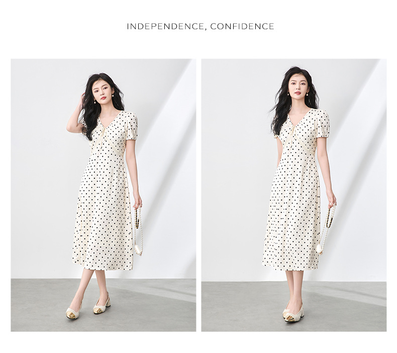 Váy maxi tay phồng chấm bi phong cách Pháp, chất liệu jacquard satin ren rủ — Màu mơ chi tiết 8