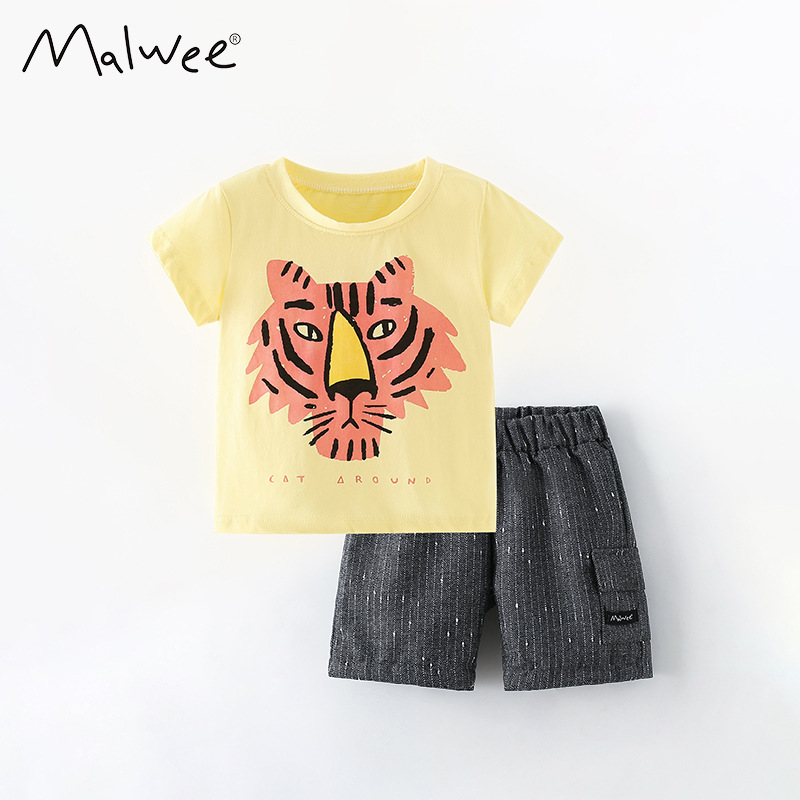 Malwee niño de dos piezas set de verano nuevo estilo de ropa infantil europea y americana hermosa impresión de niños pequeños y medianos set de niños de cuello redondo
