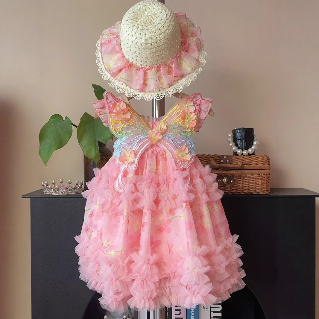 Hat for Girls dress Summer New Children's Western Style Princess Dress Baby Fairy Dress Wings Beach Dress
