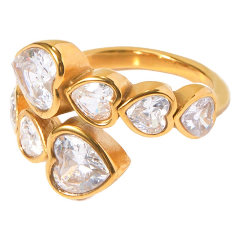 INS estilo francés anillo de acero de titanio fino 18K oro de acero inoxidable con incrustaciones de circón en forma de corazón Cruz anillo de apertura