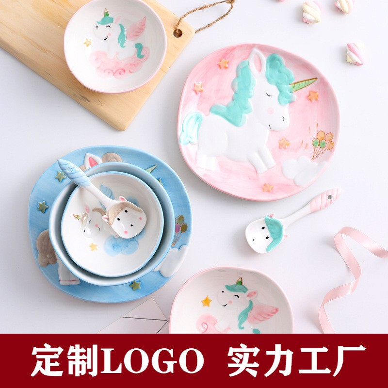 Unicorn Children's Bowl Household Dining Cute Ceramic Japanese Tableware Cartoon Baby's Rice Bowl Creative Soup Plate