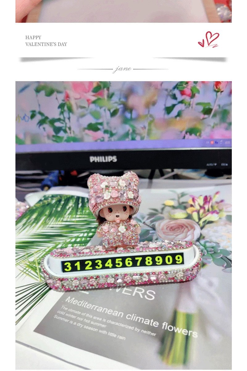 Car temporary parking number plate, car parking sign ornament, diamond-encrusted, popular style for girls