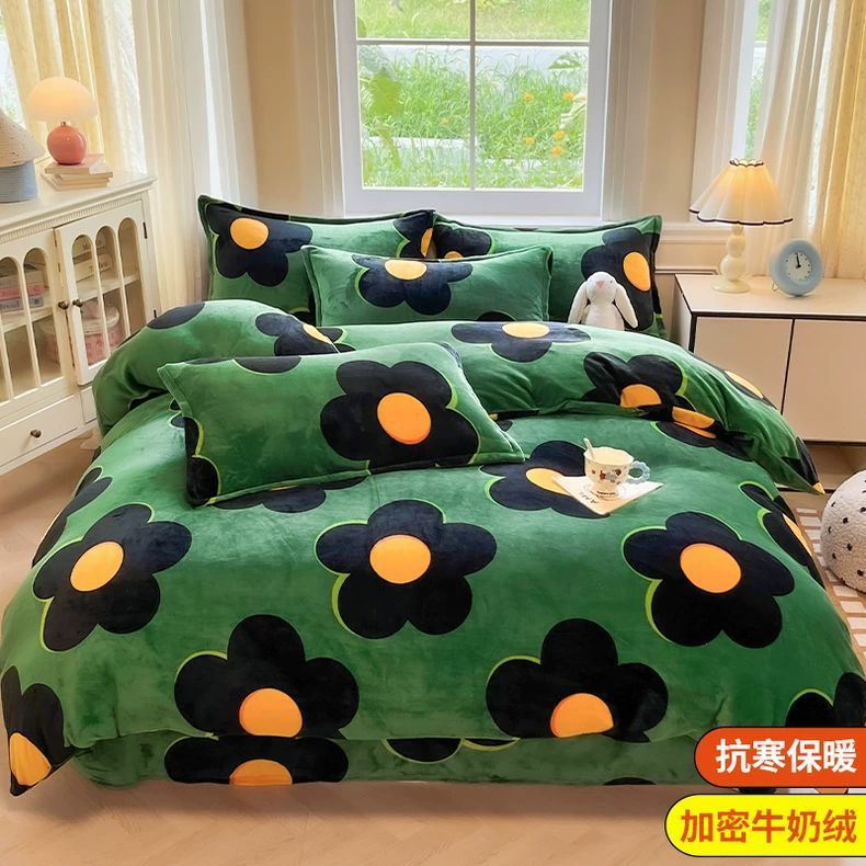Invierno leche de cama de terciopelo de cuatro piezas doble cara terciopelo de brida gruesa sábanas de terciopelo de coral cubierta de colcha cubierta de tres piezas