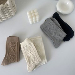 春夏純色浮雕花紋襪子女棉質吸汗中筒襪女長襪日系菱格立體女襪