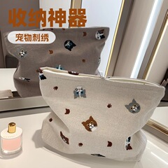 小白兔几 日式刺绣猫咪棉麻化妆包零钱收纳袋文艺可爱便携手拿包