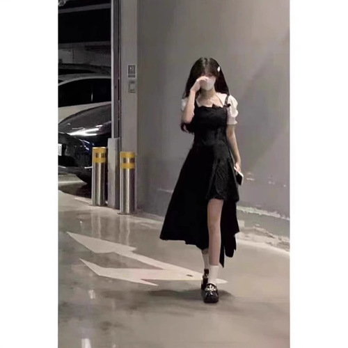 Black Strapless Belted Dress Women's Set Unique Design Summer Fresh Sweet