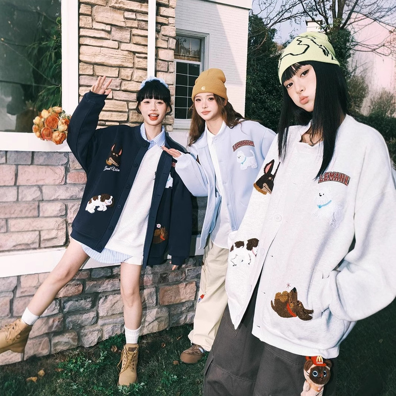 Spring and Autumn Versatile Trendy Cartoon Embroidered Baseball Jacket for Men, Stylish Spring Trendy Couple Jacket Top