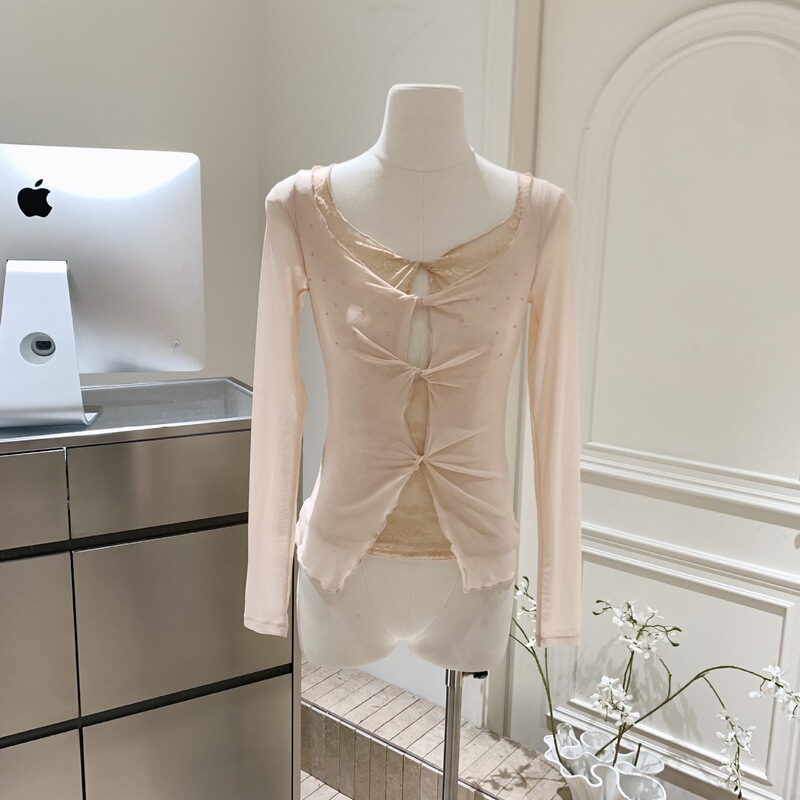 Lace Mesh Hollow-Out Faux Two-Piece Top with Rhinestones
