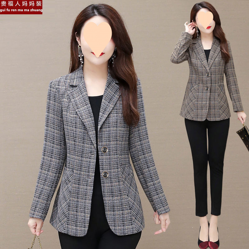 2025 Autumn High-End Stylish Jacket for Moms, Fashionable Plus-Size Slim Fit Plaid Blazer for Middle-Aged Women