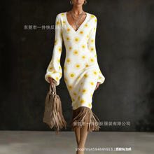 2025跨境新款碎花花卉印花秋冬性感V领长袖长裙毛衣流苏连衣裙