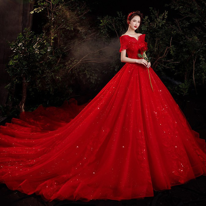 Vestido de novia principal de un solo hombro 2023 nueva novia Mori Red Super Fairy Dream Starry Sky French Light Luxury Cola