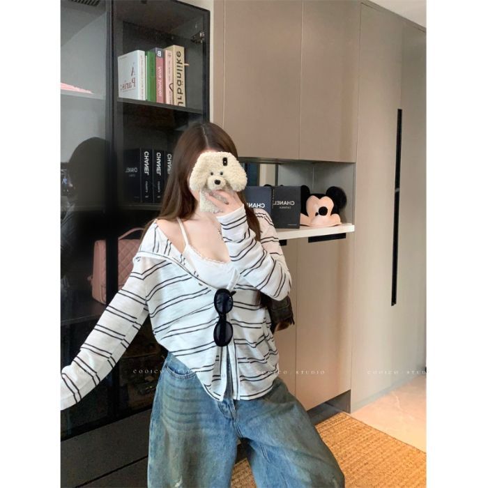 野媛慵懒风条纹连帽长袖外套女早秋防晒罩衫小众休闲宽松拉链上衣|undefined