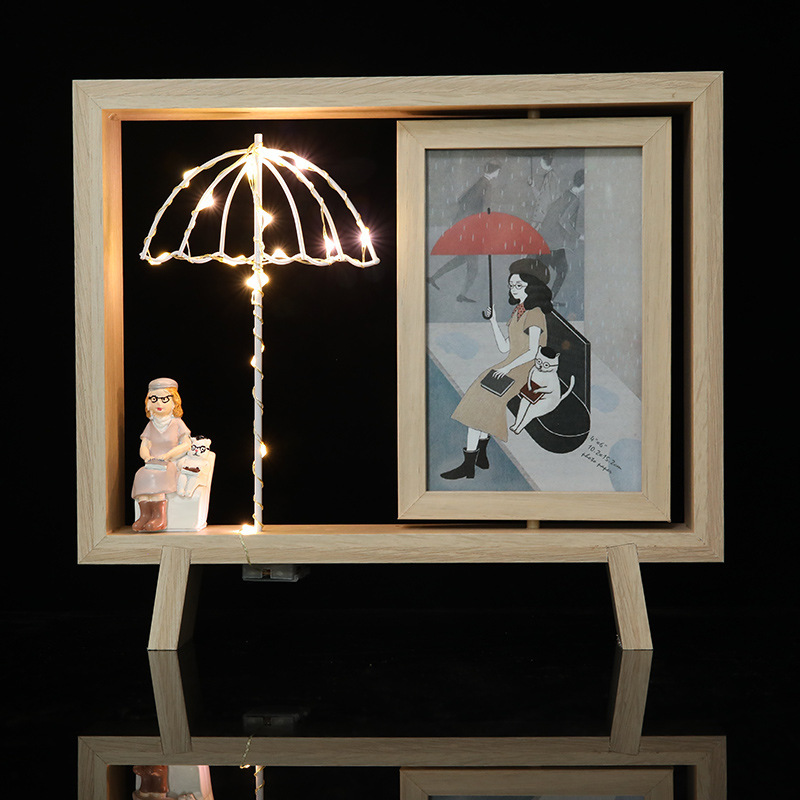 Creative ins Rotating Double-sided Photo Frame Couple with Light Simple Nordic Photo Frame Table 6-inch Desktop Ornaments Wooden