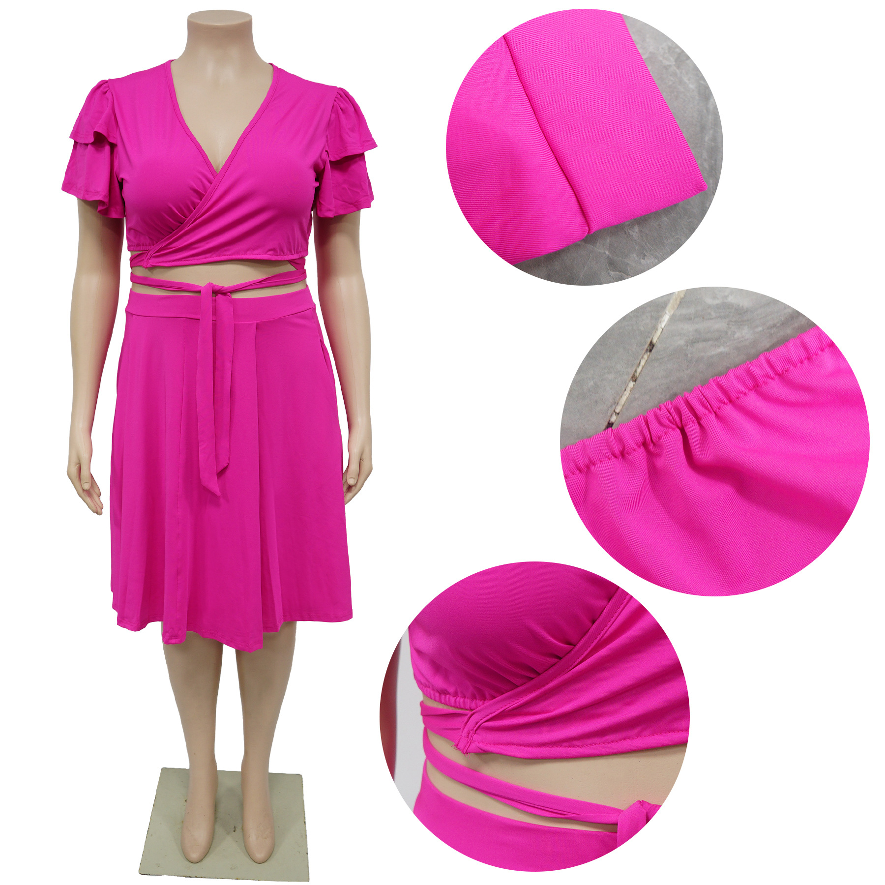 385g Weight Short Sleeve Sleeve Length Spandex Fabric Type Skirt Co-ord Set Sets Type 2 Pieces Set Quantity Daily Occasion V Neck Neckline Regular Fit Fit Type Solid Color Pattern Summer Season Pleated Design Casual Style Daily Casual Solid Color Spandex Pleated Skirt Co-ord Set Plus Size Two-piece Sets 6