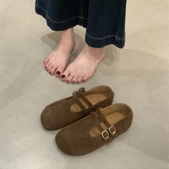 晚风丑萌复古圆头勃肯鞋子女2025年秋季一脚蹬磨砂单鞋女平底