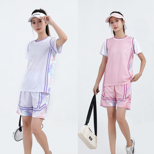 Short-sleeved basketball uniform suit college sports competition girls fake two-piece jersey children's vest light powder team uniform