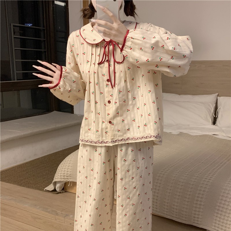 달콤한 파자마 여성의 신선한 인형 칼라 느슨한 귀여운 체리 레이스 한국 스타일 봄과 가을 의상 홈 의류 세트