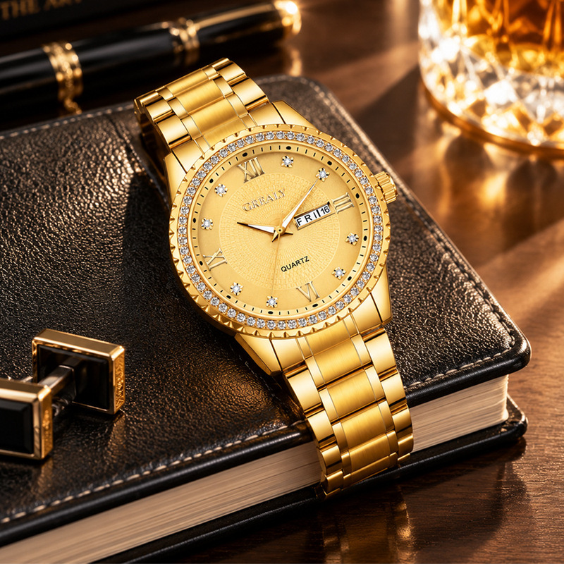 Cross-border best-selling gold watch, dual-calendar men's watch, waterproof, luminous, quartz movement, new business-style men's watch, custom wholesale Cross-border best-selling gold watch, dual-calendar men's watch, waterproof, luminous, quartz movement, new business-style men's watch, custom wholesale