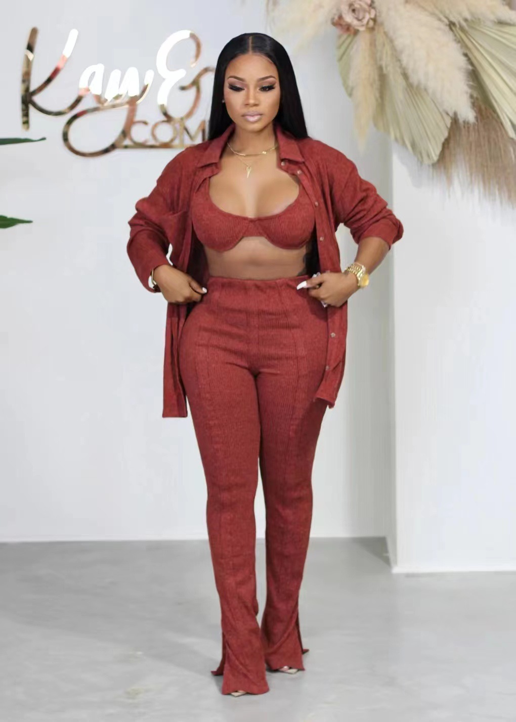 Fashion Solid Color Polyester Pocket Pants Sets 3 Piece Set