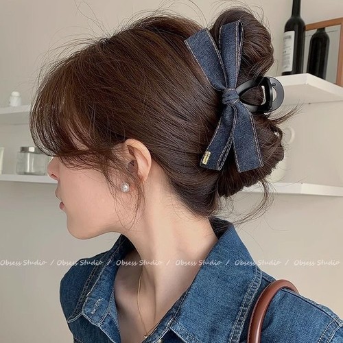 Korean fashionable denim bow tie clip 2025 new high-end hair clip back of the head large shark clip headwear