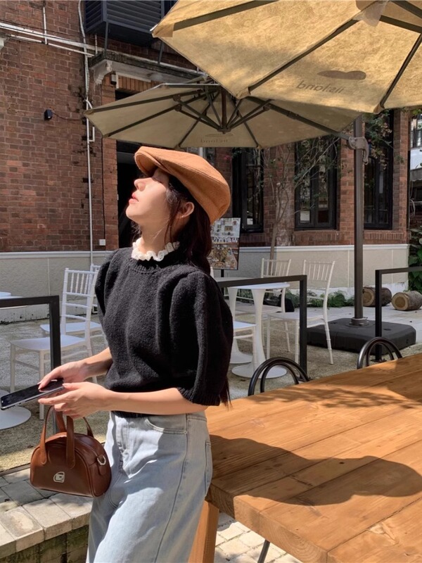 蕾丝边半高领针织衫女设计感小众春秋泡泡袖纯欲上衣内搭短袖毛衣|undefined