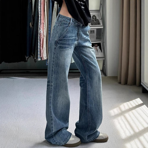 American Street Autumn Retro Washed Skinny Straight-Leg Women's High-Waist Slimming Casual Loose Straight Trousers
