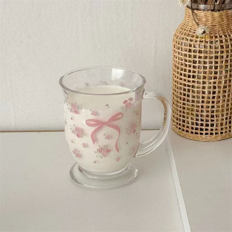 少女心INS法式玫瑰玻璃杯蝴蝶结碎花冷萃杯情侣牛奶杯咖啡早餐杯|undefined