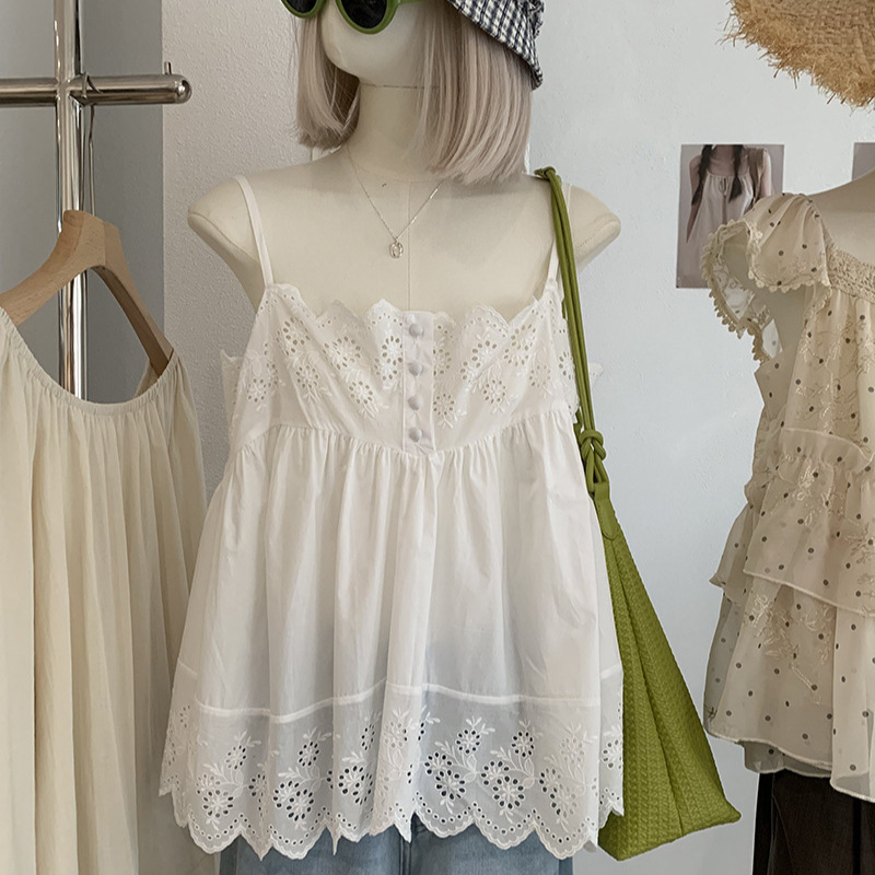 Kekezoon Pure Desire White Hollow Embroidery Strap Top Super Beautiful Lace Doll Vest Top 8189