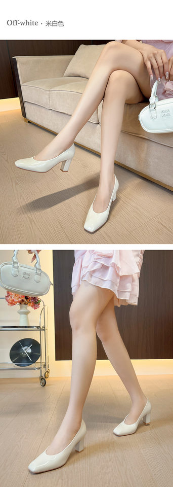 Giày cao gót nữ mũi vuông gót dày da sáng chế thanh lịch công sở, gót 6–8 cm — Màu trắng nhạt, rượu vang đỏ, đen chi tiết 6