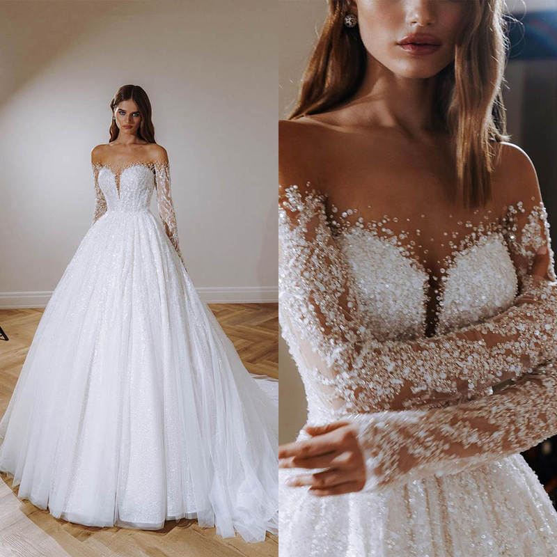 New Foreign Trade Wedding Dress Trailing Deep V Beads Nail Beads Elegant Slim Wedding Church Wedding Dress Heavy Industry Sewing Beads Wholesale
