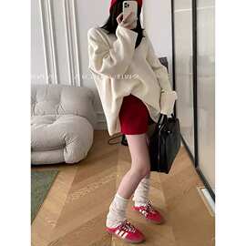 新品红色新款短裤女秋冬新款高腰显瘦休闲裤小个子百搭阔腿裤