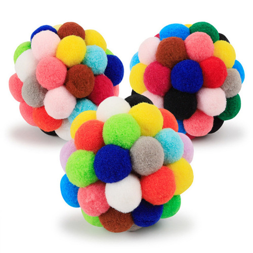 Small 4.5CM Bell-Sounding Colorful Ball Cat Interaction Toy Plush Ball Handmade Spring Cat Toy Ball