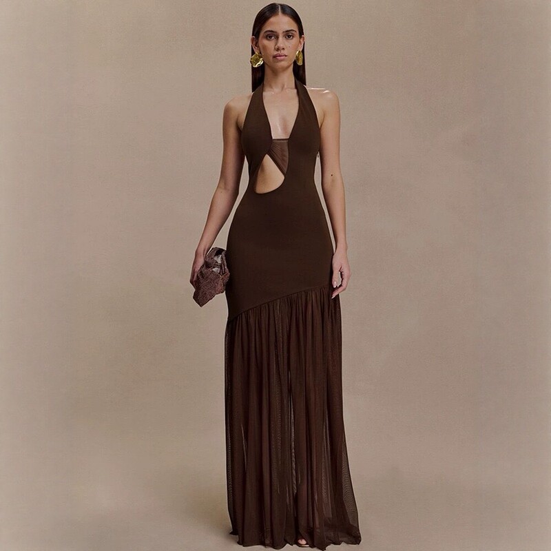 Hot-Selling Foreign Trade Halter Deep V-Neck Mesh Bandage Dress, Waist-Exposing, Shoulder-Exposing, Slim-Fit, Slimming, Sleeveless Long Vacation Dress Hot-Selling Foreign Trade Halter Deep V-Neck Mesh Bandage Dress, Waist-Exposing, Shoulder-Exposing, Slim-Fit, Slimming, Sleeveless Long Vacation Dress