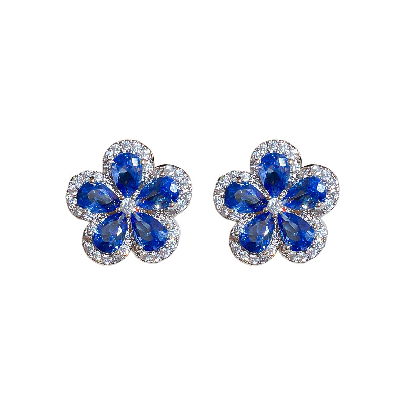 Aguja de plata azul aretes de flor de zircón estilo ligero de lujo estilo alto collar nuevo aretes al por mayor image 6