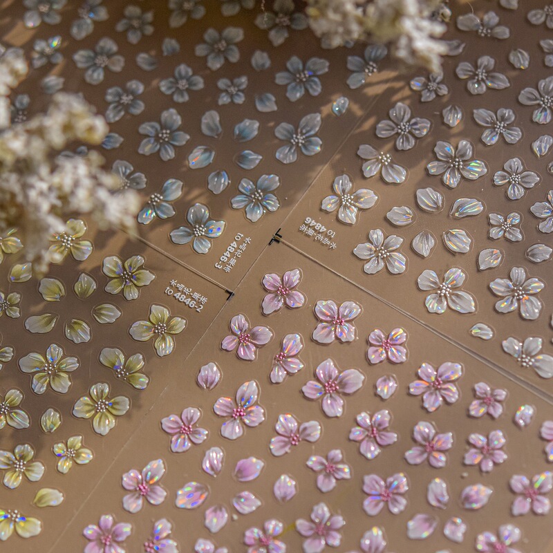 Dreamy Nail Art Sakura Stickers 2026 New Crystal Flower 3D Embossed Stickers Shell Gloss Adhesive Nail Stickers