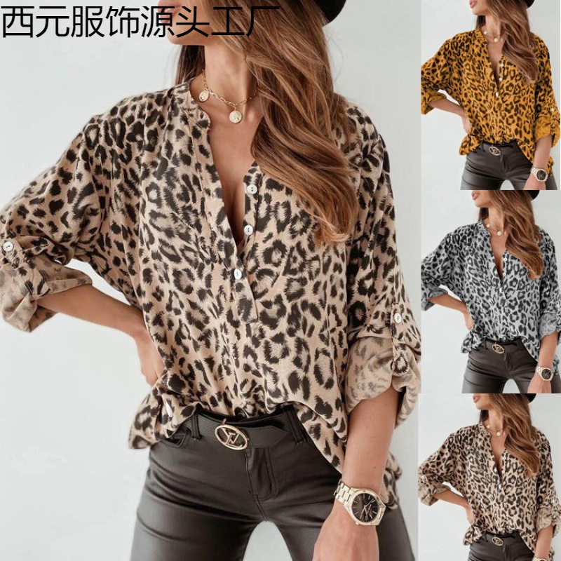 Spot European and American Cross-Border Foreign Trade Spring and Autumn Printed Women's Shirts Long-Sleeved Leopard Print Single-Breasted Cardigan Loose Shirt for Women