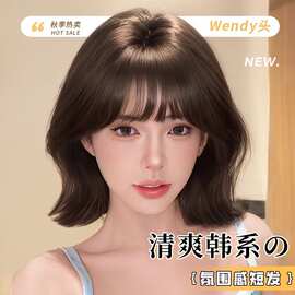 假发女跨境日常网红自然短发法式刘海冷棕色修脸外翘短发全头套